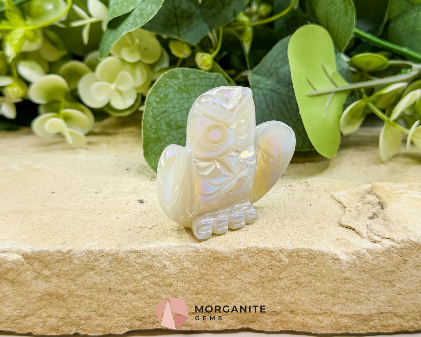 Aura Quartz Owl Carving No. 3 – Iridescent Crystal Totem of Intuition Wisdom & Protection (1.9’’ Wide) - Metaphysical
