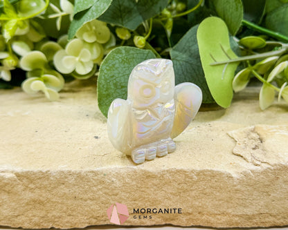 Aura Quartz Owl Carving No. 3 – Iridescent Crystal Totem of Intuition Wisdom & Protection (1.9’’ Wide) - Metaphysical