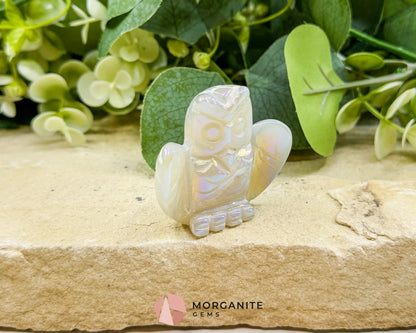 Aura Quartz Owl Carving No. 3 – Iridescent Crystal Totem of Intuition Wisdom & Protection (1.9’’ Wide) - Metaphysical