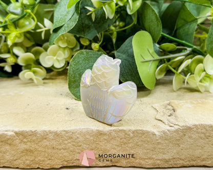 Aura Quartz Owl Carving No. 3 – Iridescent Crystal Totem of Intuition Wisdom & Protection (1.9’’ Wide) - Metaphysical