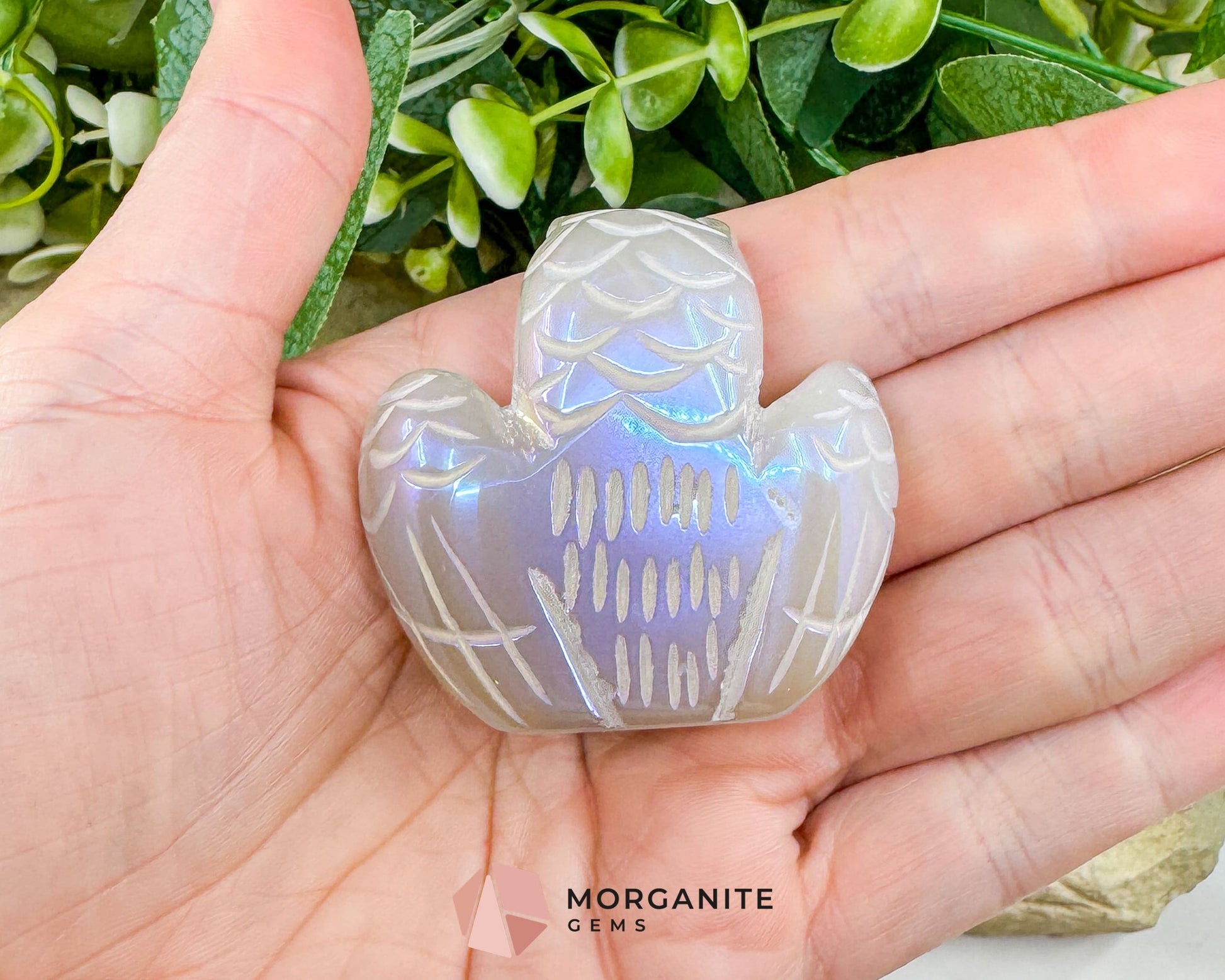 Aura Quartz Owl Carving No. 3 – Iridescent Crystal Totem of Intuition Wisdom & Protection (1.9’’ Wide) - Metaphysical