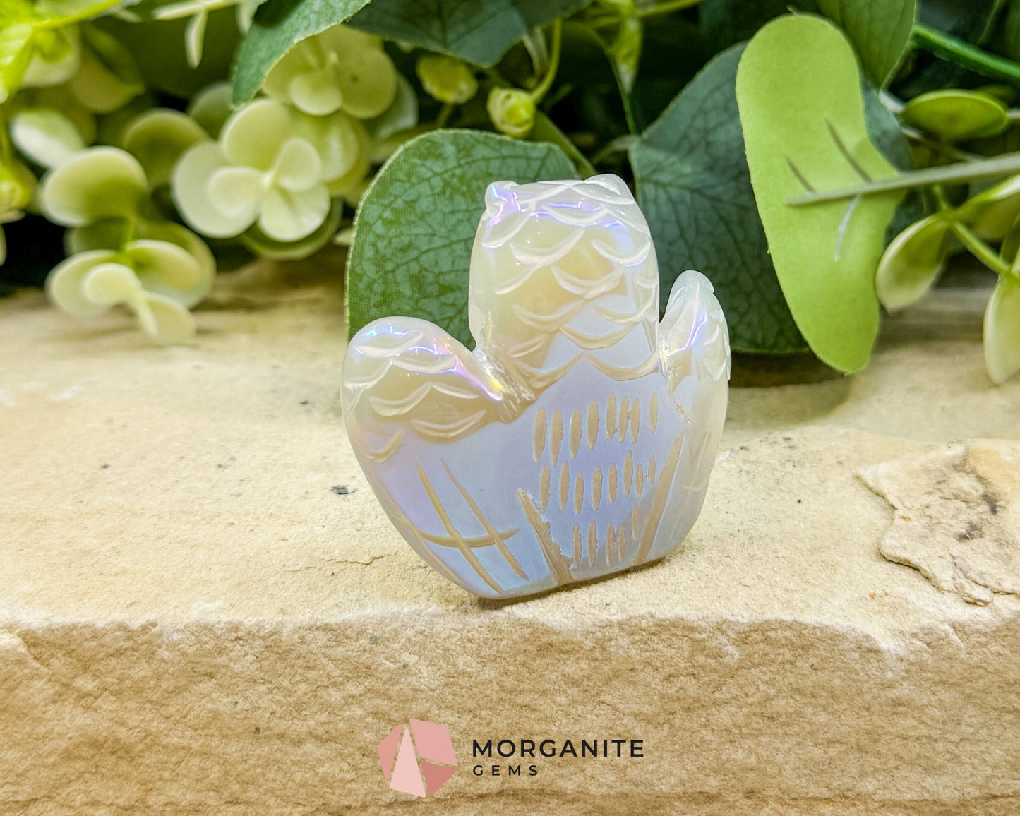 Aura Quartz Owl Carving No. 3 – Iridescent Crystal Totem of Intuition Wisdom & Protection (1.9’’ Wide) - Metaphysical