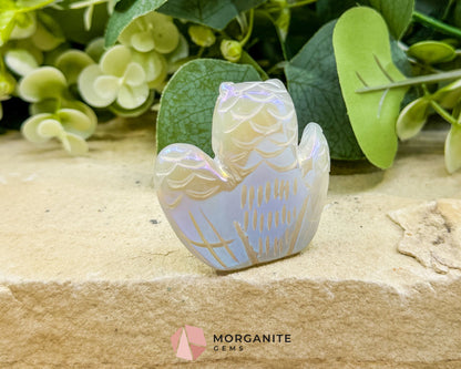 Aura Quartz Owl Carving No. 3 – Iridescent Crystal Totem of Intuition Wisdom & Protection (1.9’’ Wide) - Metaphysical