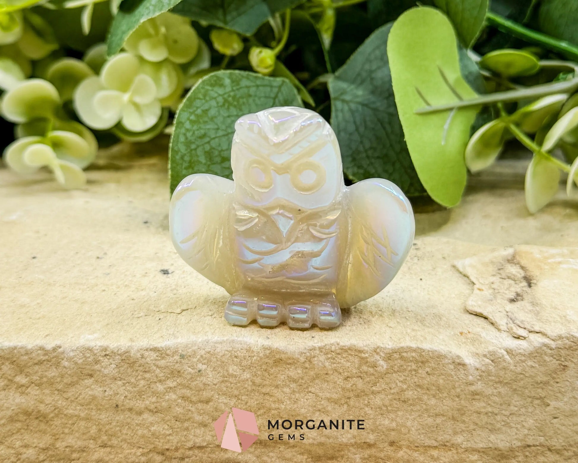 Aura Quartz Owl Carving No. 3 – Iridescent Crystal Totem of Intuition Wisdom & Protection (1.9’’ Wide) - Metaphysical