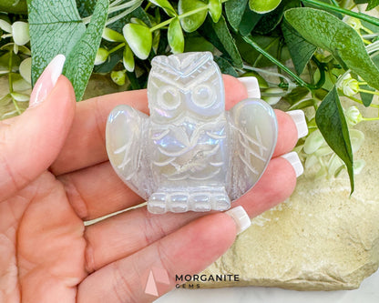 Aura Quartz Owl Carving No. 3 – Iridescent Crystal Totem of Intuition Wisdom & Protection (1.9’’ Wide) - Metaphysical