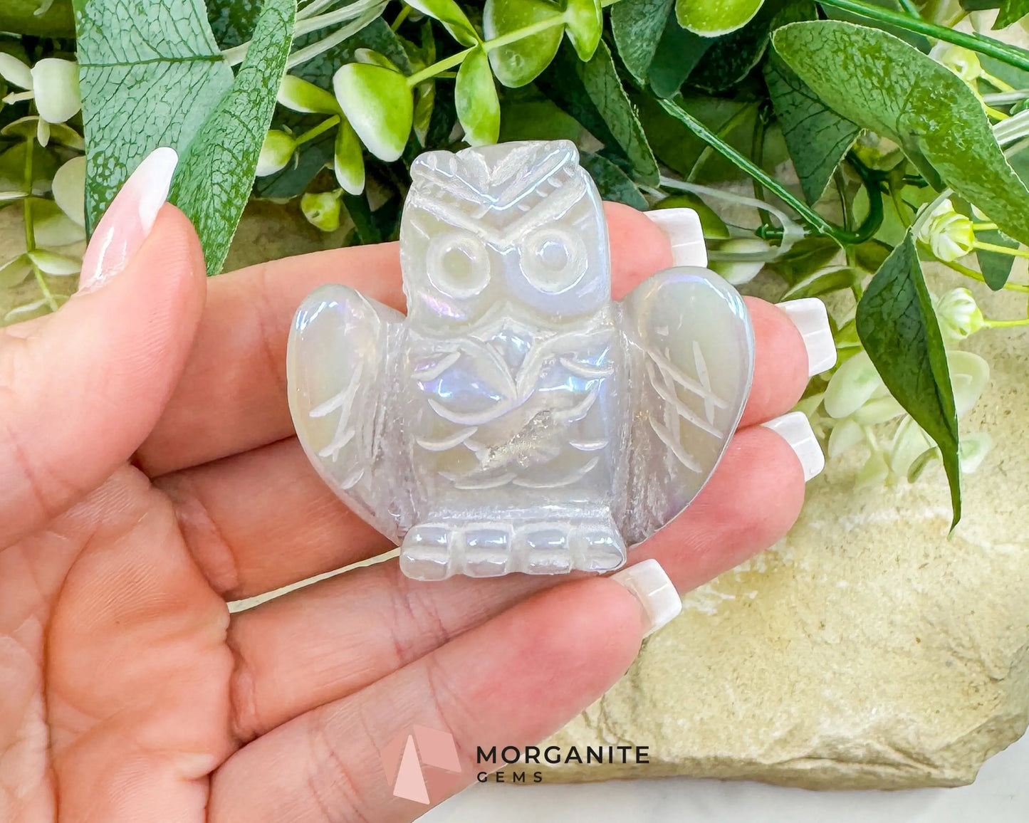 Aura Quartz Owl Carving No. 3 – Iridescent Crystal Totem of Intuition Wisdom & Protection (1.9’’ Wide) - Metaphysical