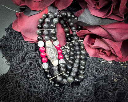 Nordic Gemstones Helm of Awe Bracelet – Triple Strand Ruby Selenite Blue Obsidian Lava & Skull - Jewelry