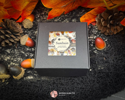 Samhain Tealight Candle Set – 4-Pack Crystal Infused Fall Tealights | Witchy Decor for Ritual & Celebration - Container