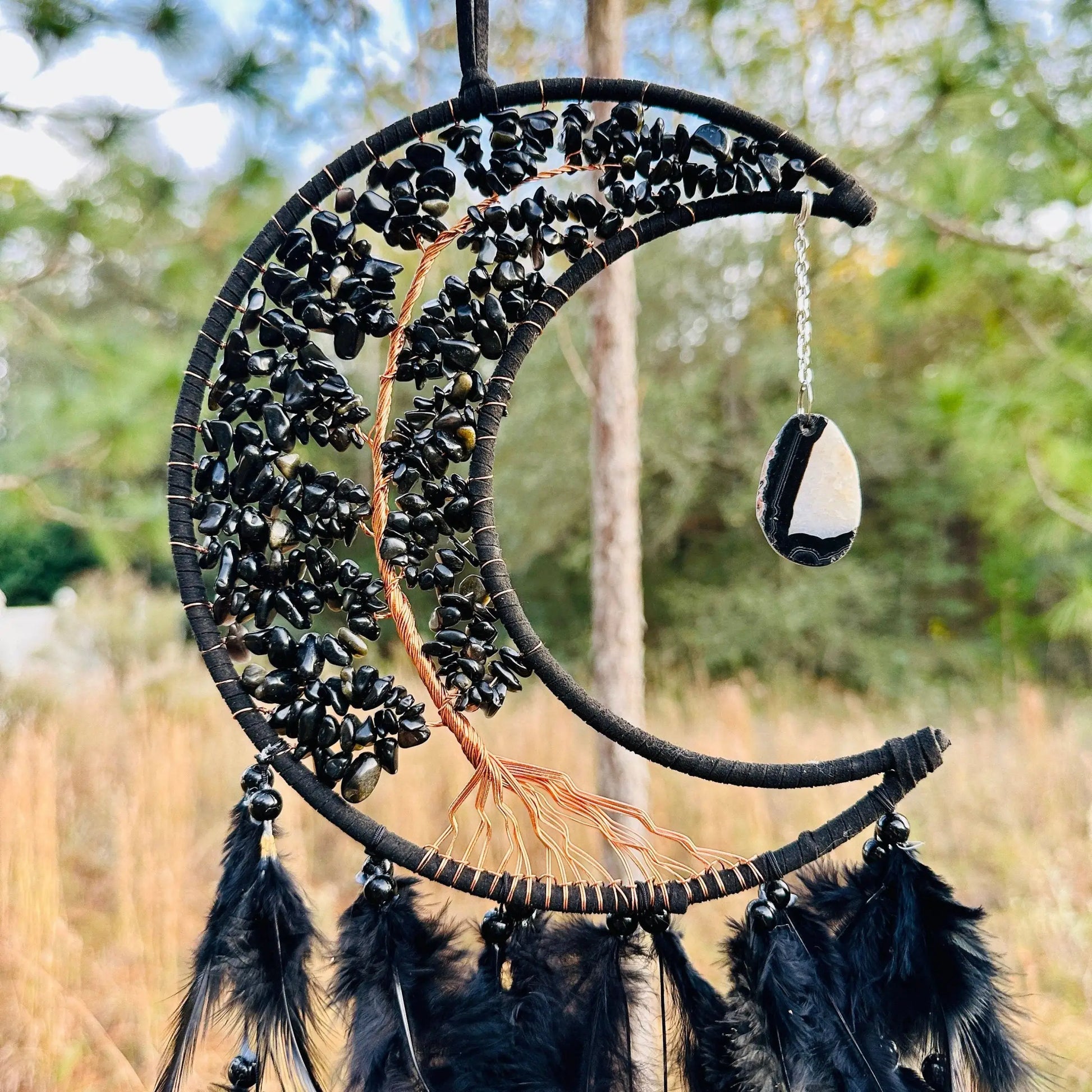 Medium Wall Hanging Crescent Moon Dream Catcher with Black Obsidian Stones & Hanging Stone Charm with Feathers Blacked
