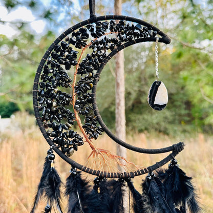Medium Wall Hanging Crescent Moon Dream Catcher with Black Obsidian Stones & Hanging Stone Charm with Feathers Blacked