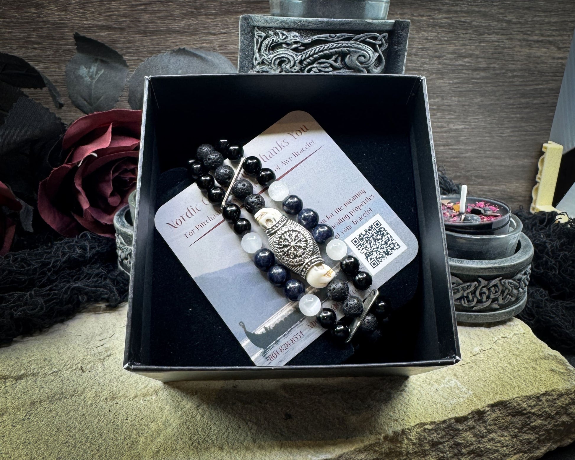 Nordic Gemstones Helm of Awe Bracelet – Triple Strand Sapphire Selenite Black Onyx Lava Stone & Skull - Jewelry