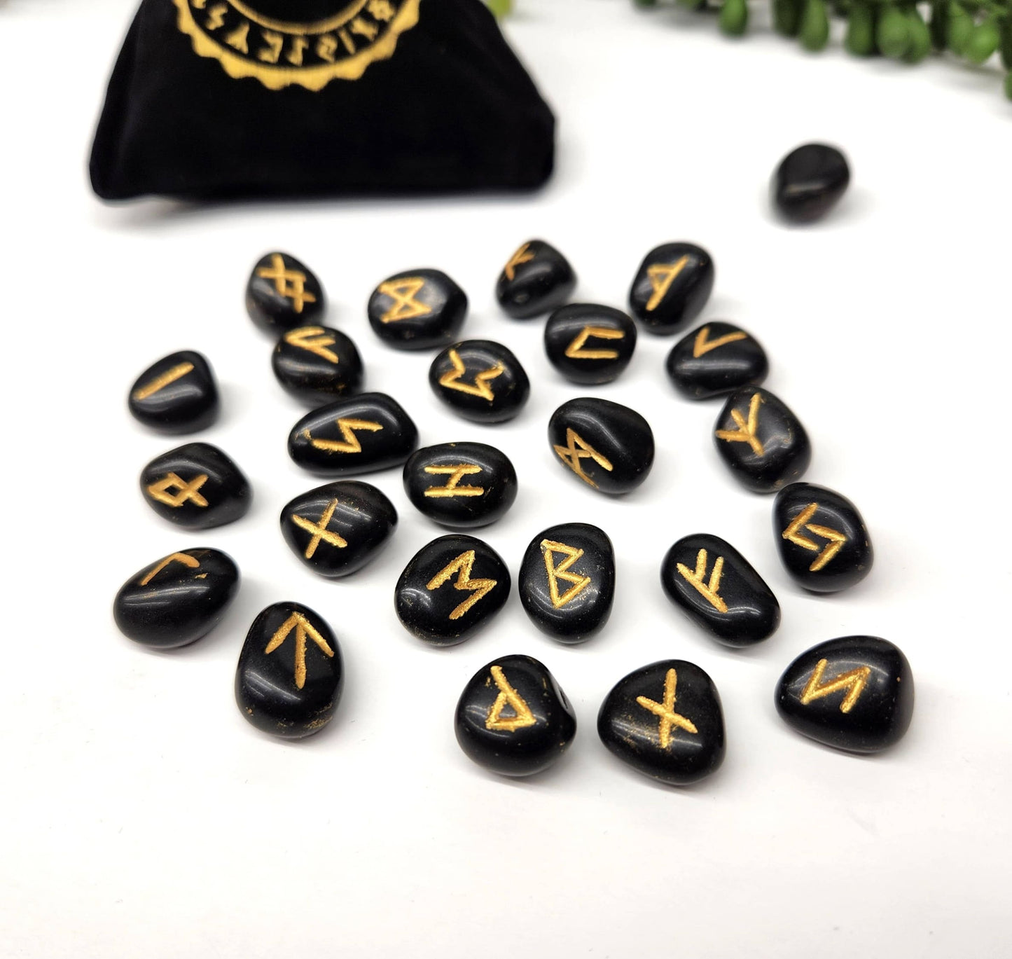 Black Obsidian Gemstone Rune Sets with Velvet Pouch-Morganite Gems