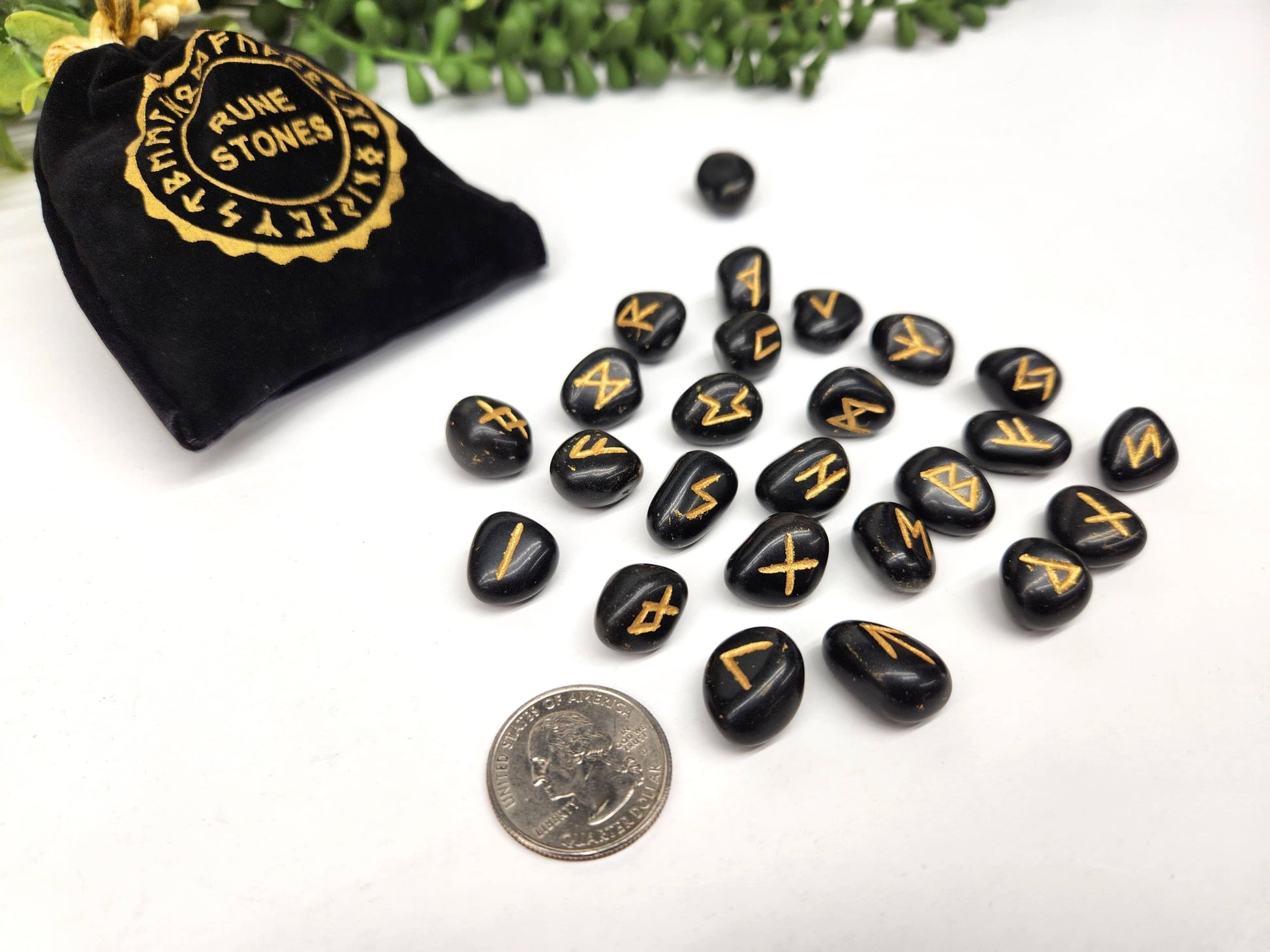 Black Obsidian Gemstone Rune Sets with Velvet Pouch-Morganite Gems