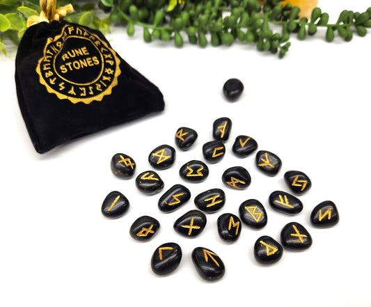 Black Obsidian Gemstone Rune Sets with Velvet Pouch-Morganite Gems