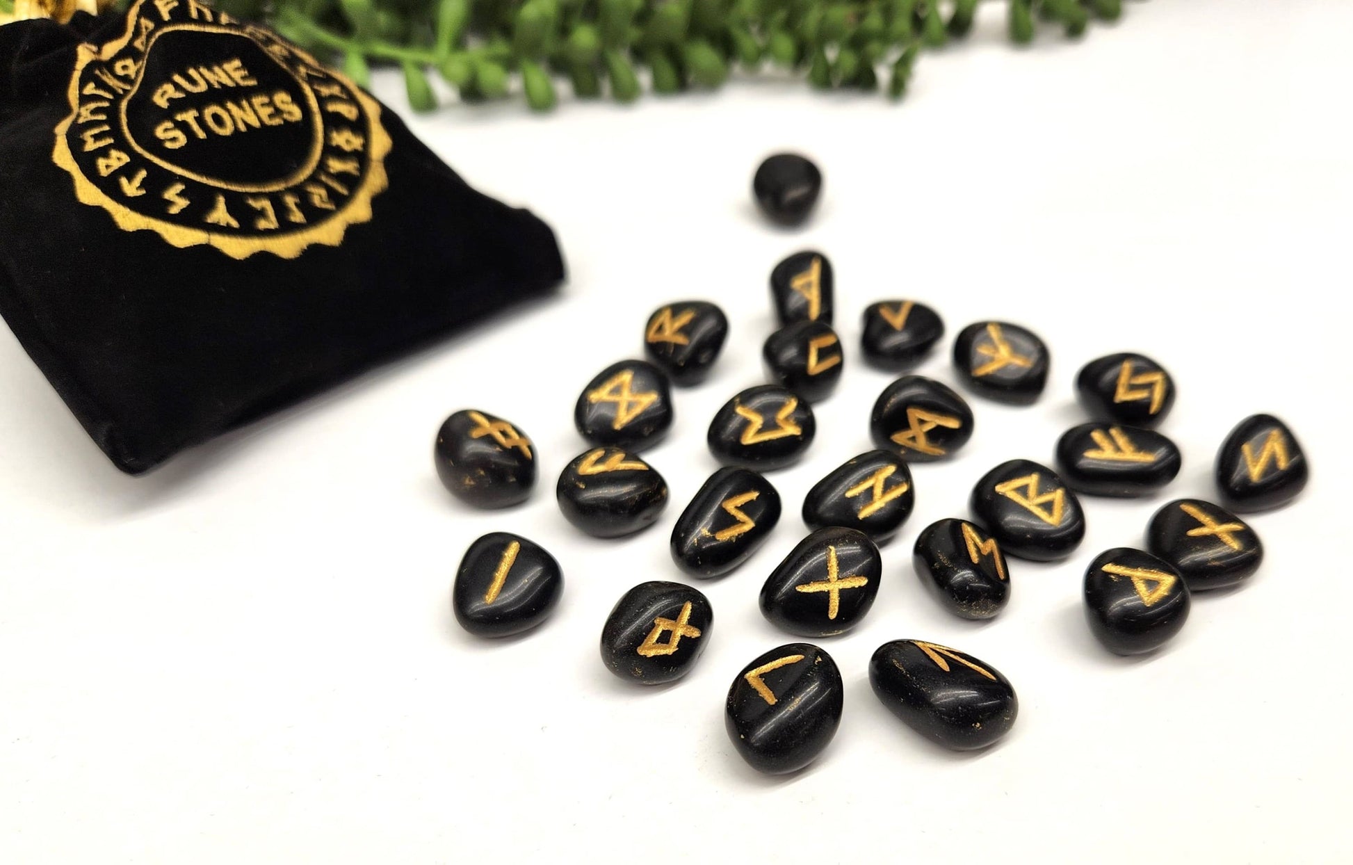 Black Obsidian Gemstone Rune Sets with Velvet Pouch-Morganite Gems