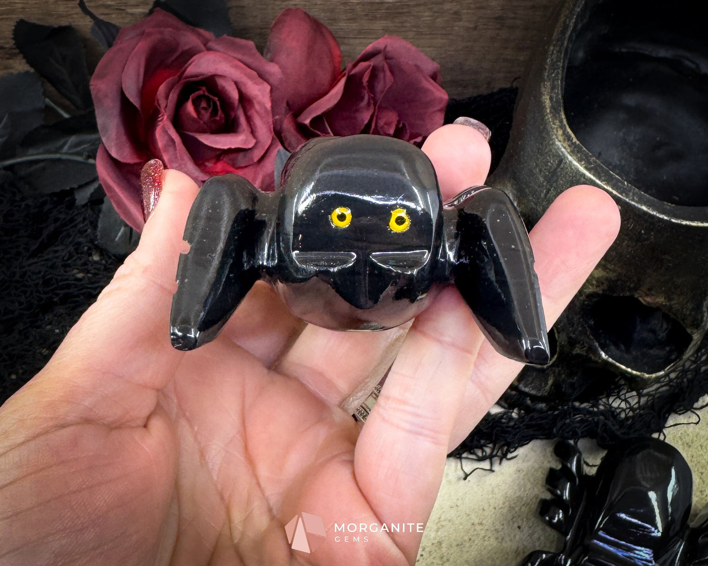 Black Onyx Spider Carving – Hand-Carved Tarantula Figurine with Onyx Meaning Card for Protection & Gothic Décor