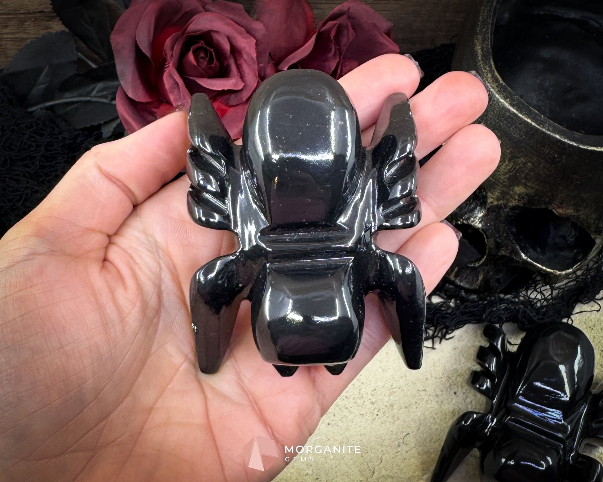Black Onyx Spider Carving – Hand-Carved Tarantula Figurine with Onyx Meaning Card for Protection & Gothic Décor