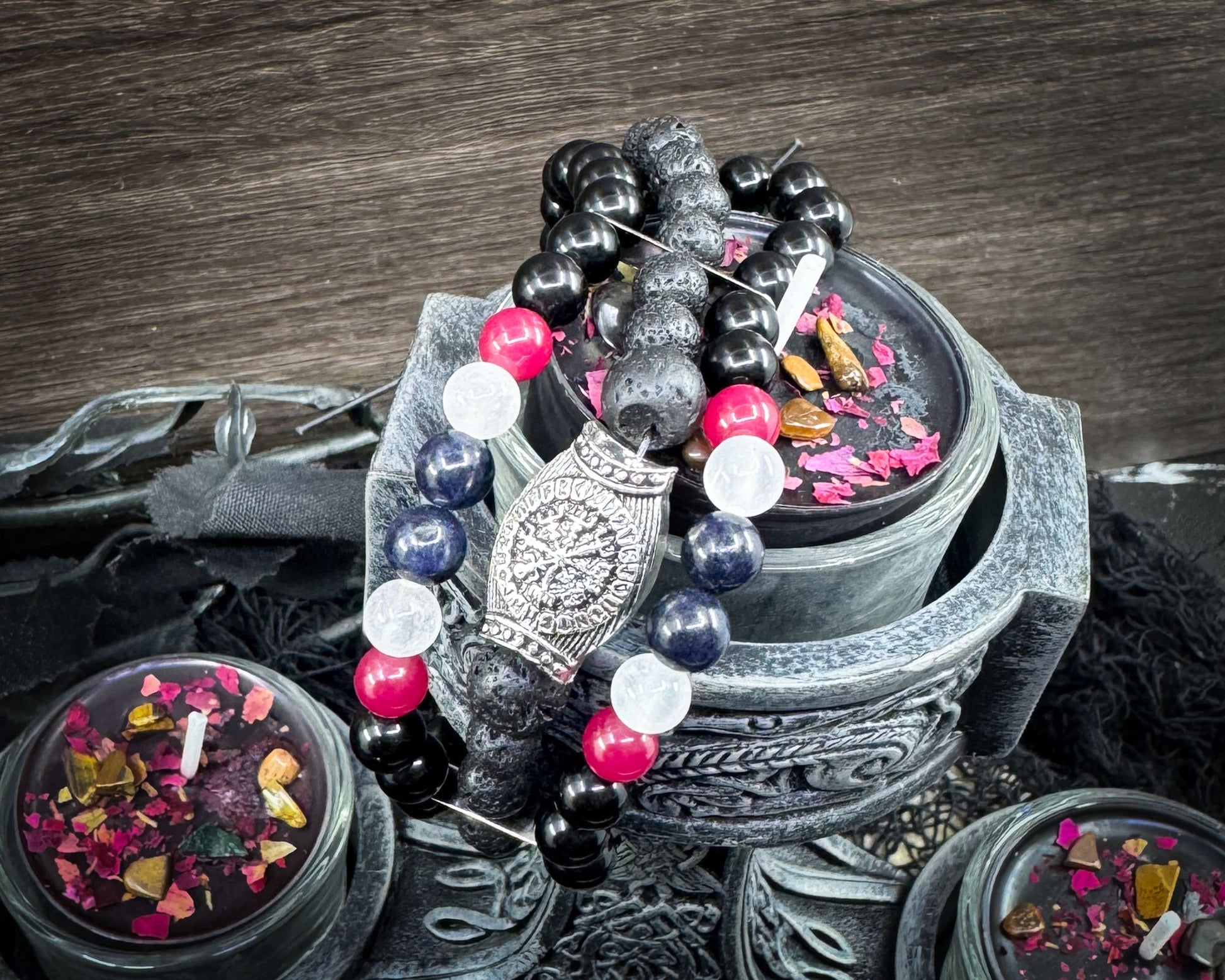 Nordic Gemstones Helm of Awe Bracelet – Triple Strand Ruby Sapphire Selenite Lava & Blue Obsidian - Jewelry