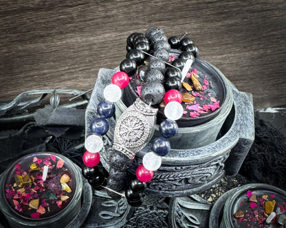 Nordic Gemstones Helm of Awe Bracelet – Triple Strand Ruby Sapphire Selenite Lava & Blue Obsidian - Jewelry