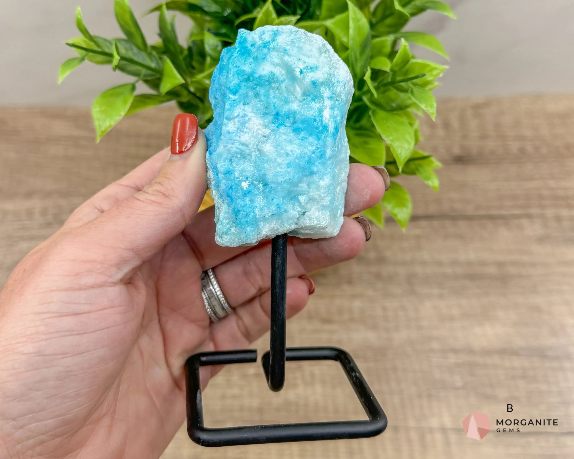 Blue Aragonite Specimen on Metal Stand – Calming and Soothing Crystal for Emotional Healing and Communication-Morganite Gems