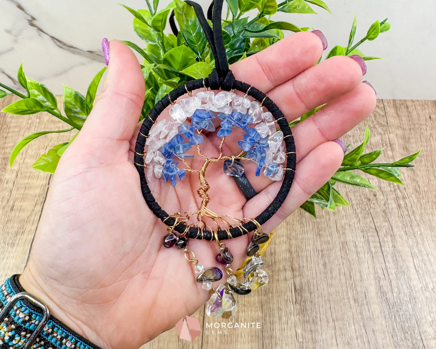 Blue & White Tree of Life Crystal Moon Dreamcatcher – Suncatcher for Car Wall or Office Home & Living