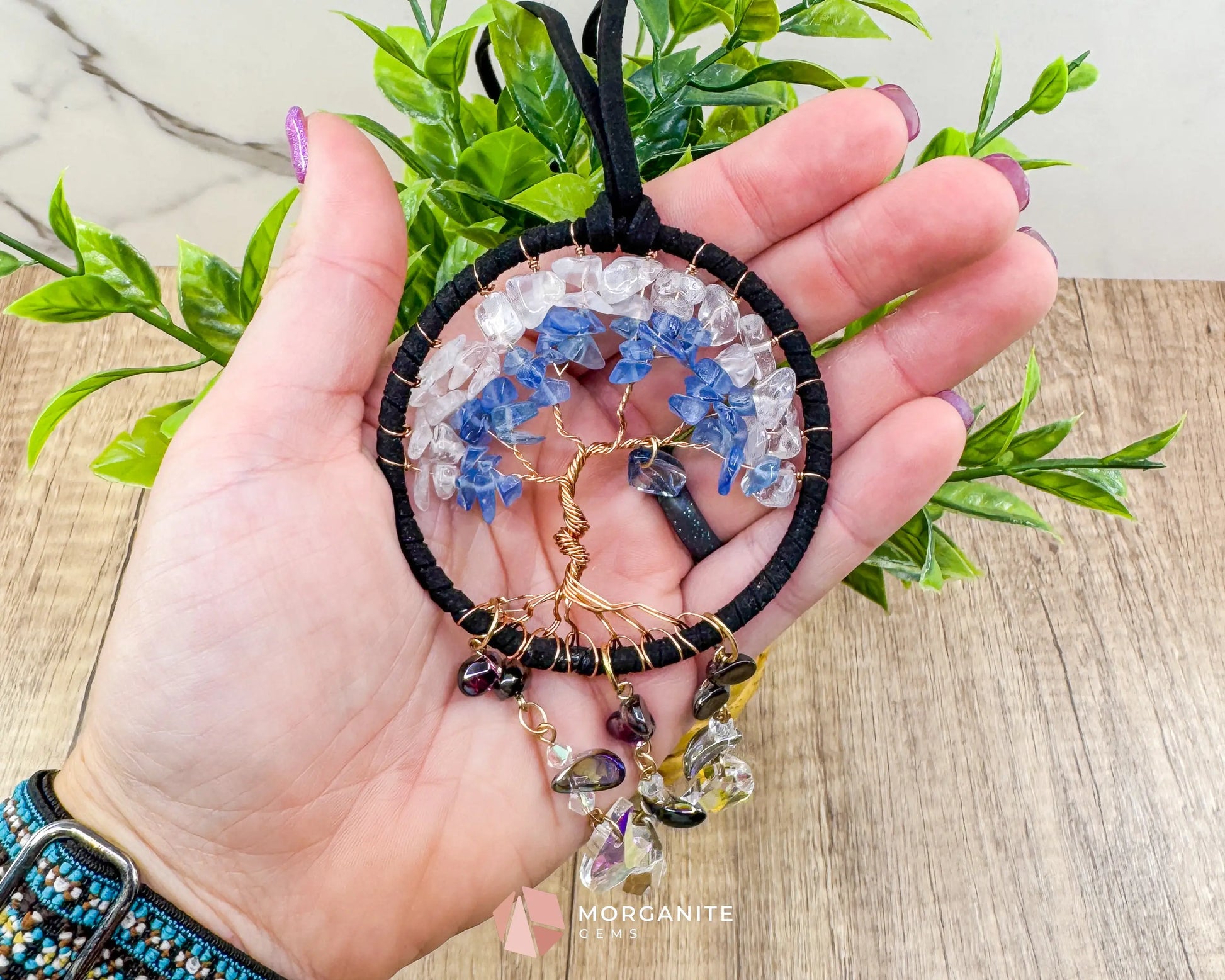 Blue & White Tree of Life Crystal Moon Dreamcatcher – Suncatcher for Car Wall or Office Home & Living