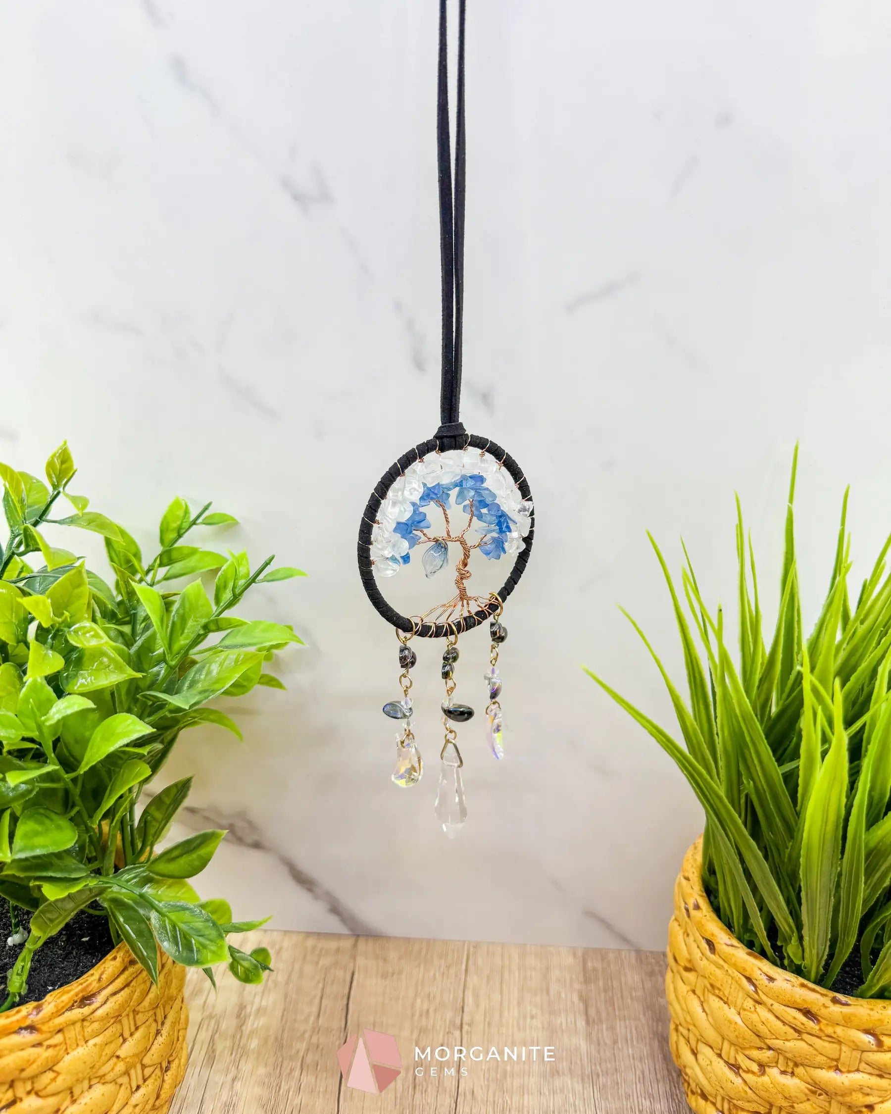 Blue & White Tree of Life Crystal Moon Dreamcatcher – Suncatcher for Car Wall or Office Home & Living