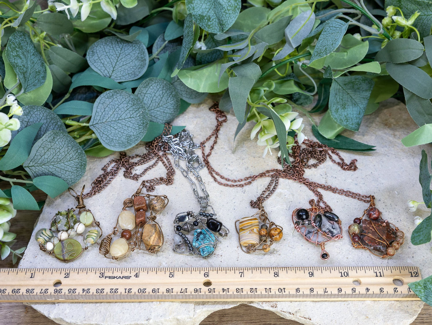 Boho Wire-Wrapped Polished Stone Arrangement Necklace by Chris J