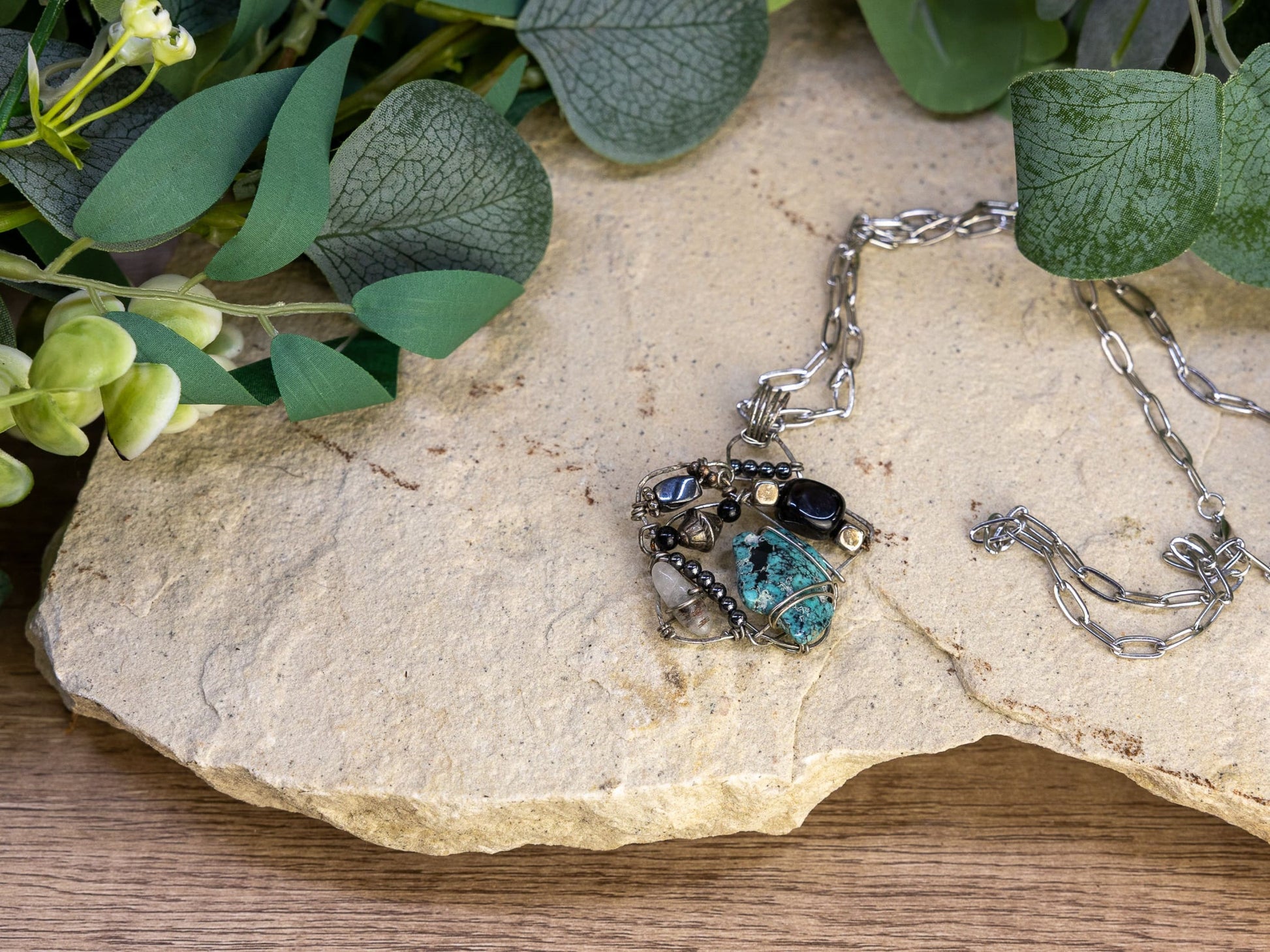 Boho Wire-Wrapped Turquoise and Metallic Fusion Necklace by Chris J