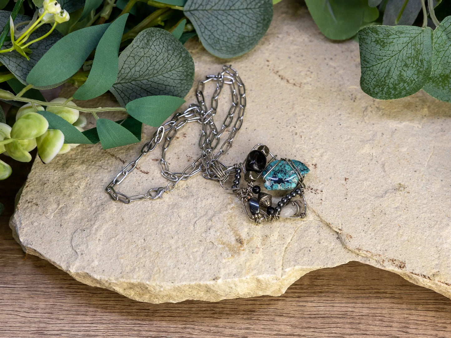 Boho Wire-Wrapped Turquoise and Metallic Fusion Necklace by Chris J