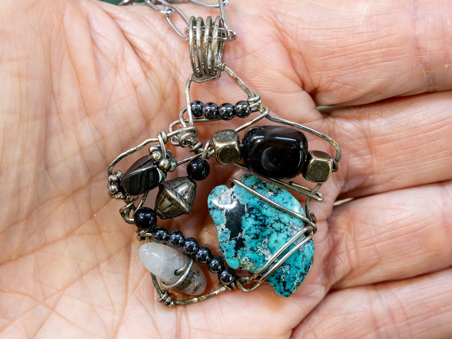 Boho Wire-Wrapped Turquoise and Metallic Fusion Necklace by Chris J