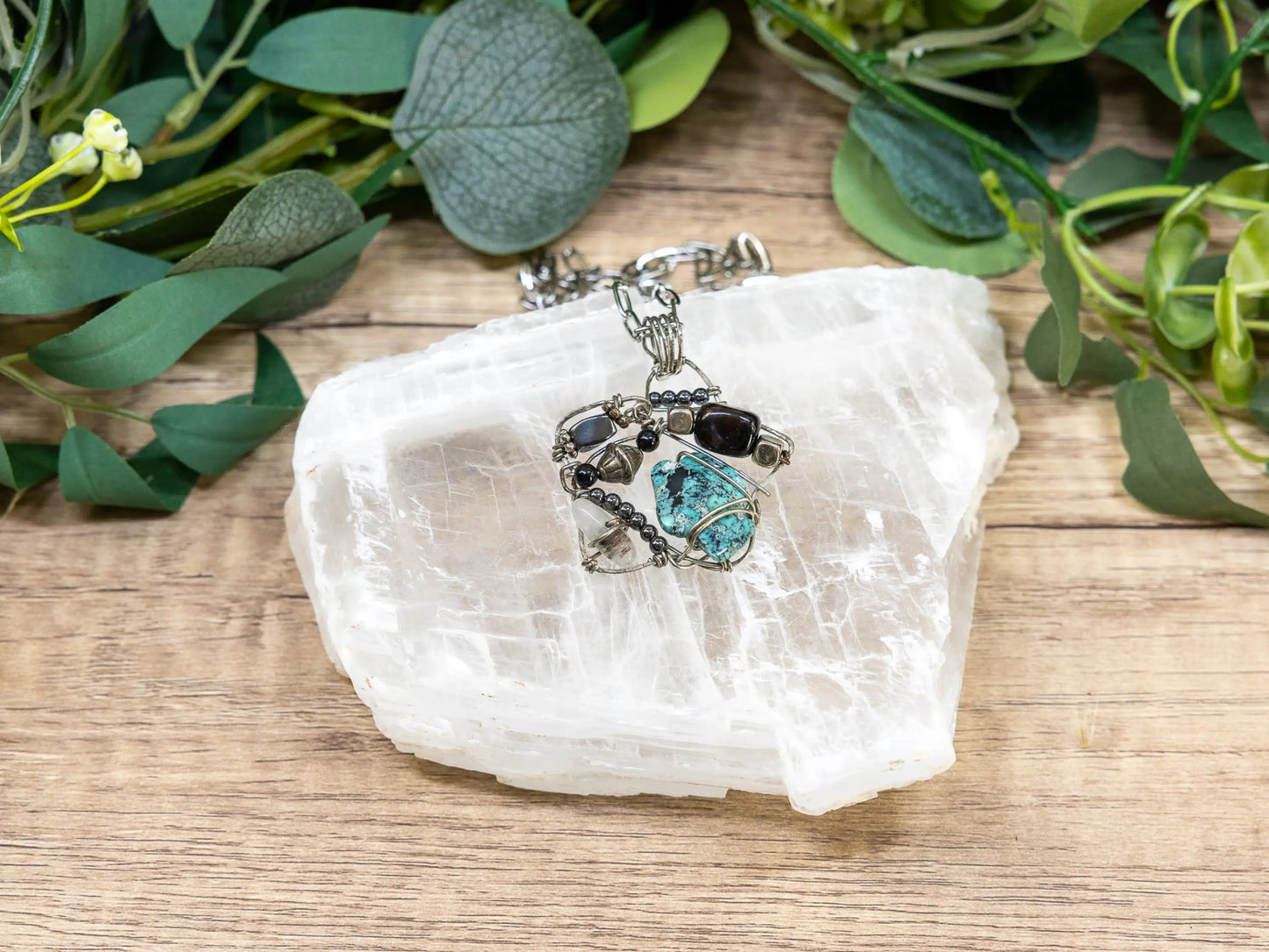 Boho Wire-Wrapped Turquoise and Metallic Fusion Necklace by Chris J