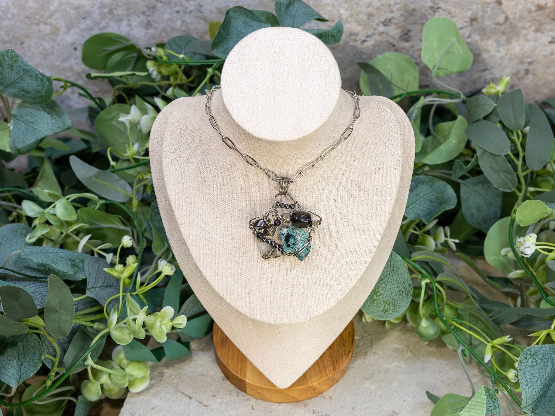 Boho Wire-Wrapped Turquoise and Metallic Fusion Necklace by Chris J