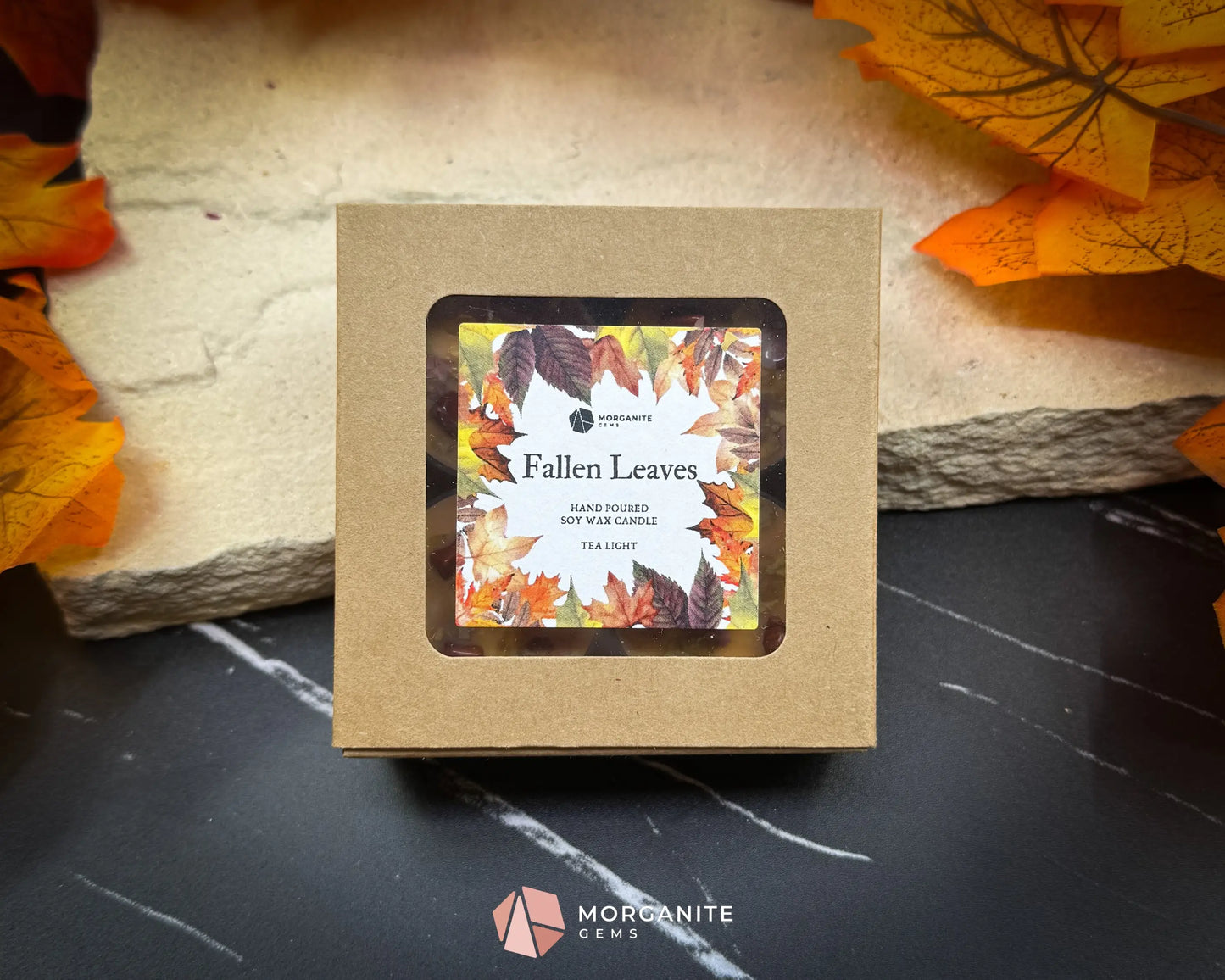 Tealight Fall Candle Set – 4-Pack Fallen Leaves Scent | Autumn Soy Candles with Crystals | Cinnamon Apple Citrus