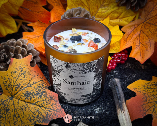 6 oz Samhain Candle – Autumn Witch Candle with Crystals | Warm Smoky Apple Blend | Sabbat Ritual Candle - Container