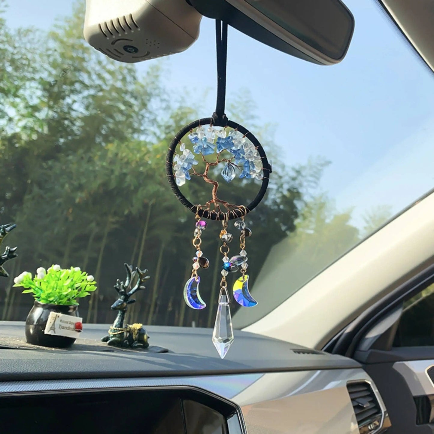 Handmade Tree of Life Dreamcatcher with Crystal Moons - Rearview Mirror Suncatcher Hanging or Wall Hanging -- Quick