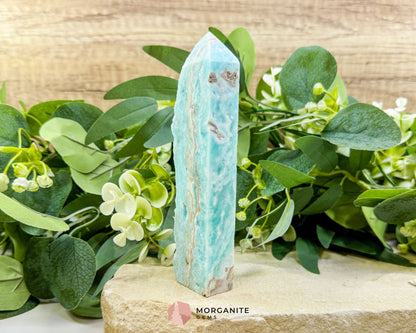 Caribbean Calcite Hemimorphite Tower No. 1 – 5.8″ Sliced & Druzy Crystal Tower | 280 g - Metaphysical Crystals