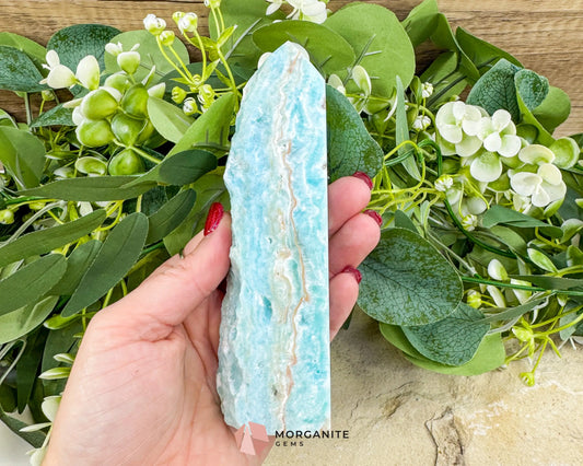 Caribbean Calcite Hemimorphite Tower No. 1 – 5.8″ Sliced & Druzy Crystal Tower | 280 g - Metaphysical Crystals