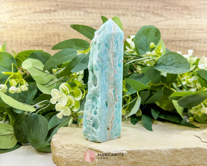 Caribbean Calcite Hemimorphite Tower No. 1 – 5.8″ Sliced & Druzy Crystal Tower | 280 g - Metaphysical Crystals