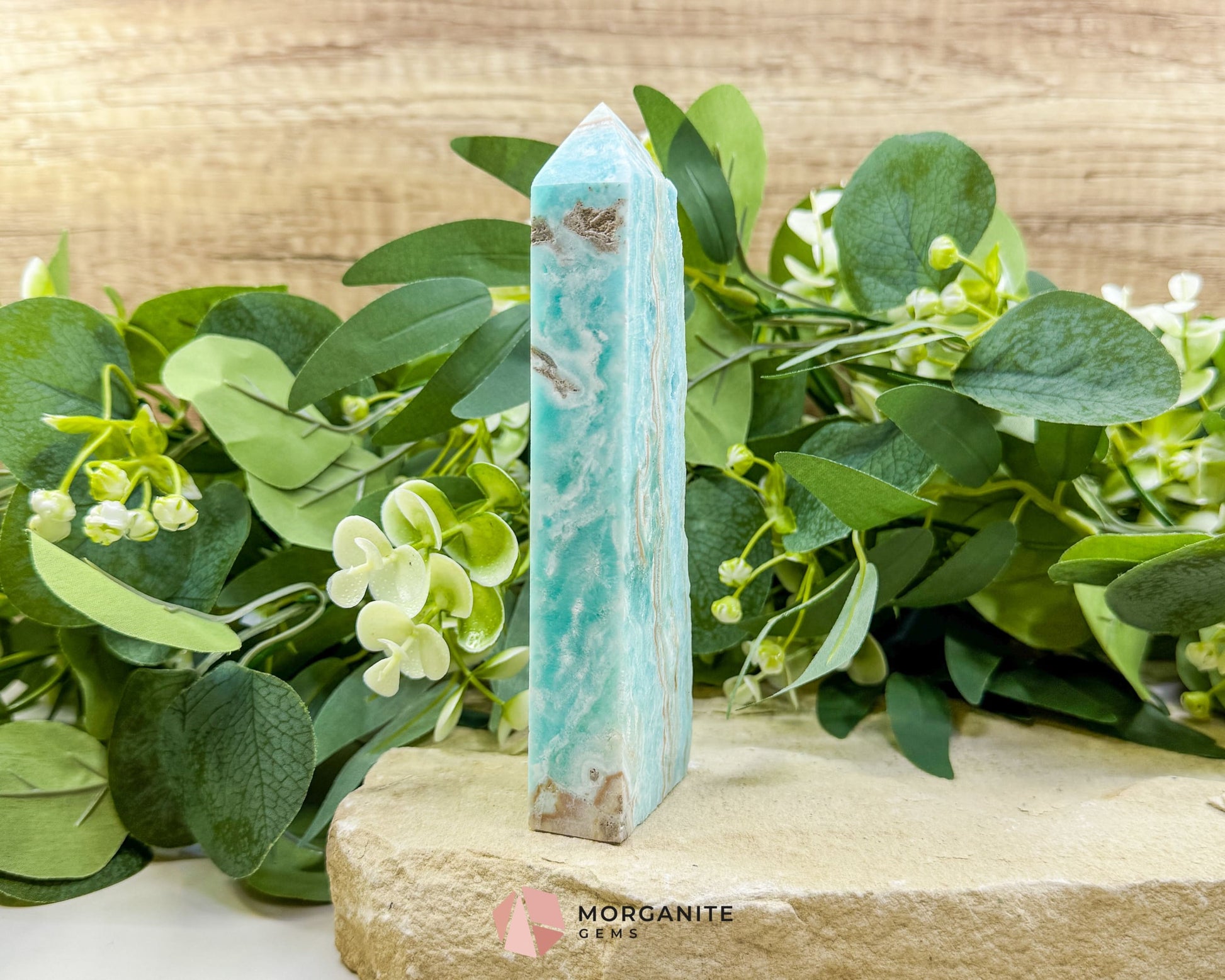 Caribbean Calcite Hemimorphite Tower No. 1 – 5.8″ Sliced & Druzy Crystal Tower | 280 g - Metaphysical Crystals