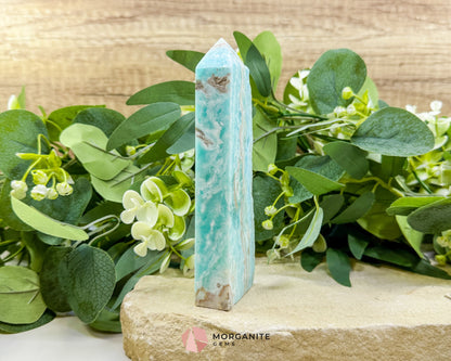 Caribbean Calcite Hemimorphite Tower No. 1 – 5.8″ Sliced & Druzy Crystal Tower | 280 g - Metaphysical Crystals