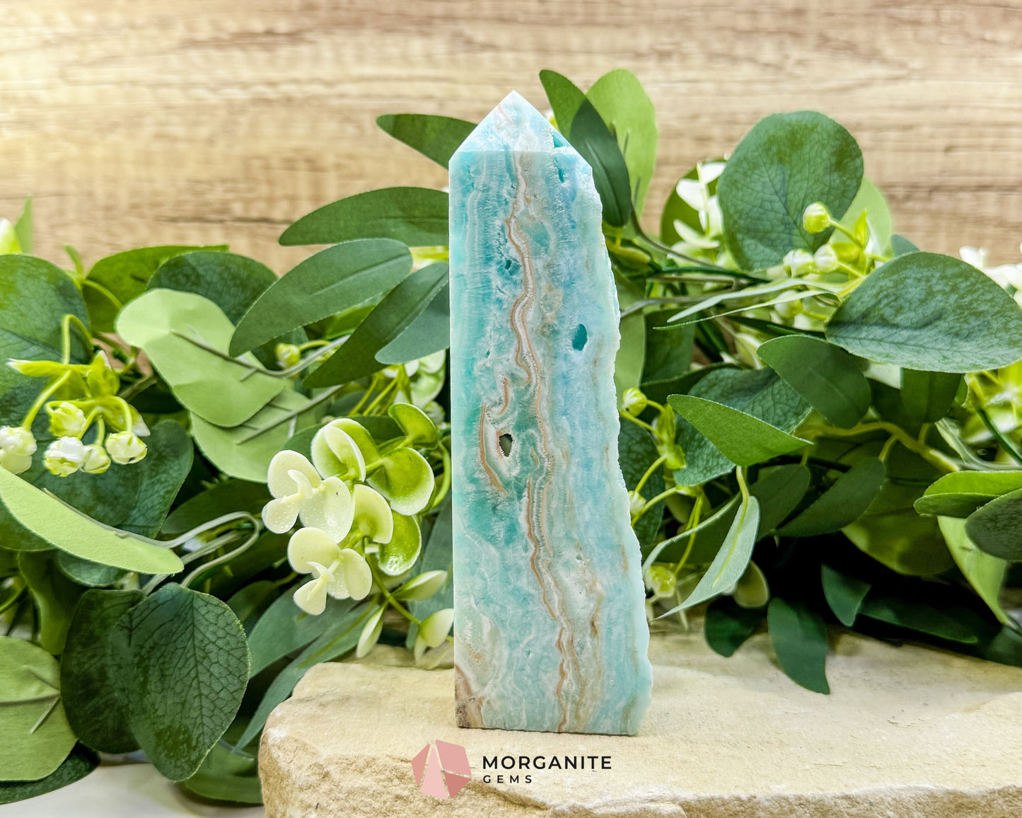 Caribbean Calcite Hemimorphite Tower No. 1 – 5.8″ Sliced & Druzy Crystal Tower | 280 g - Metaphysical Crystals