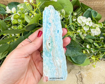 Caribbean Calcite Hemimorphite Tower No. 1 – 5.8″ Sliced & Druzy Crystal Tower | 280 g - Metaphysical Crystals