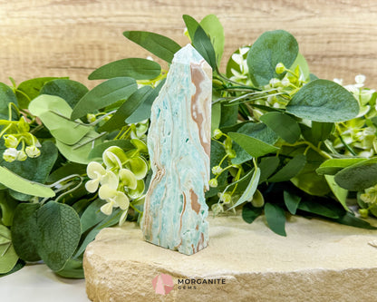 Caribbean Calcite Hemimorphite Tower No. 2 – 5.2″ Sliced Tower with Druzy Face | 236 g - Metaphysical Crystals