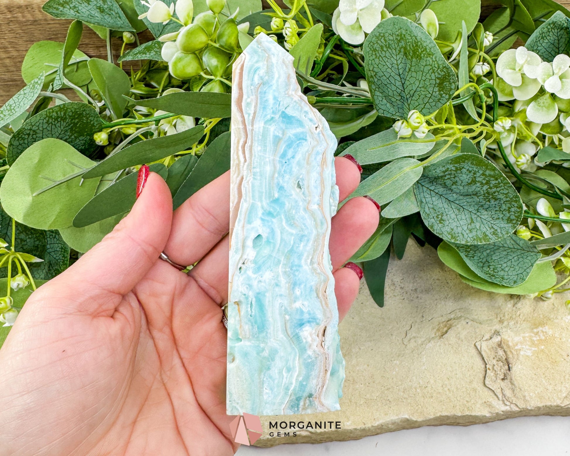 Caribbean Calcite Hemimorphite Tower No. 2 – 5.2″ Sliced Tower with Druzy Face | 236 g - Metaphysical Crystals