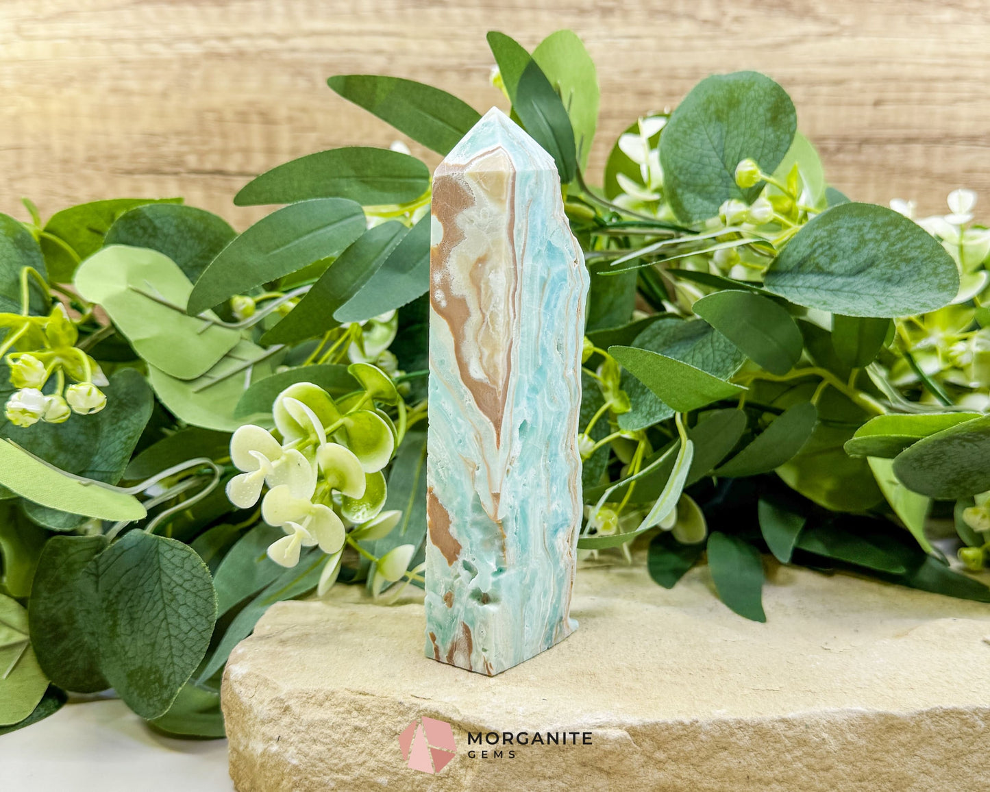 Caribbean Calcite Hemimorphite Tower No. 2 – 5.2″ Sliced Tower with Druzy Face | 236 g - Metaphysical Crystals