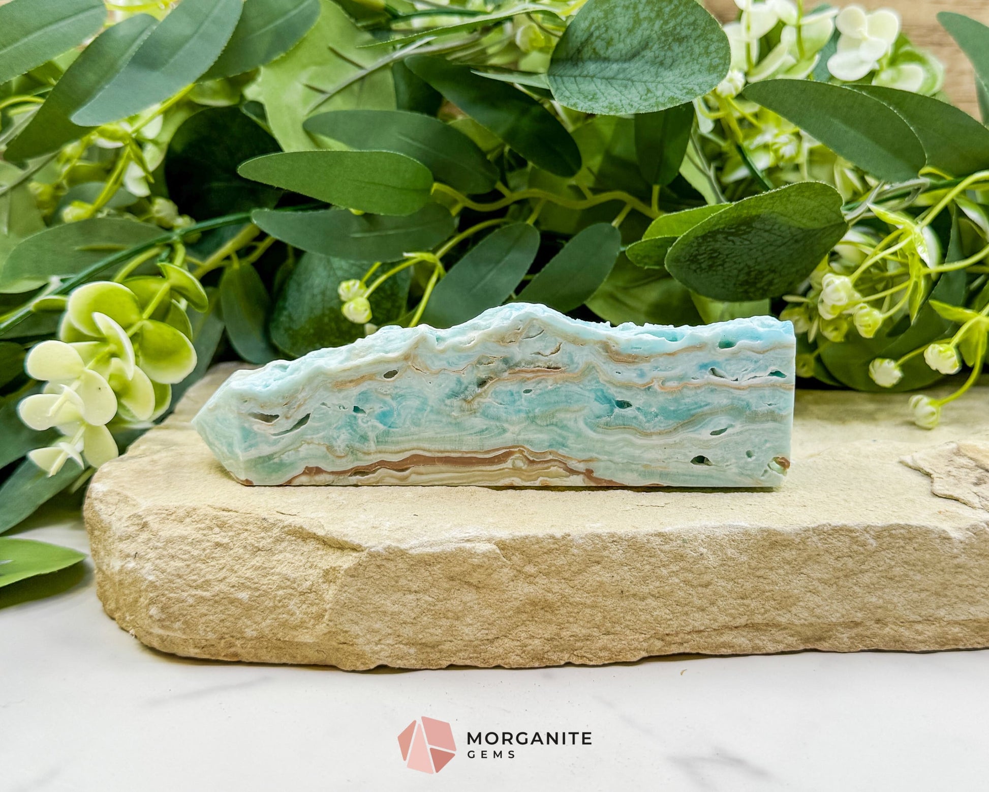 Caribbean Calcite Hemimorphite Tower No. 3 – 5.4″ Sliced & Druzy Crystal Tower | 246 g - Metaphysical Crystals