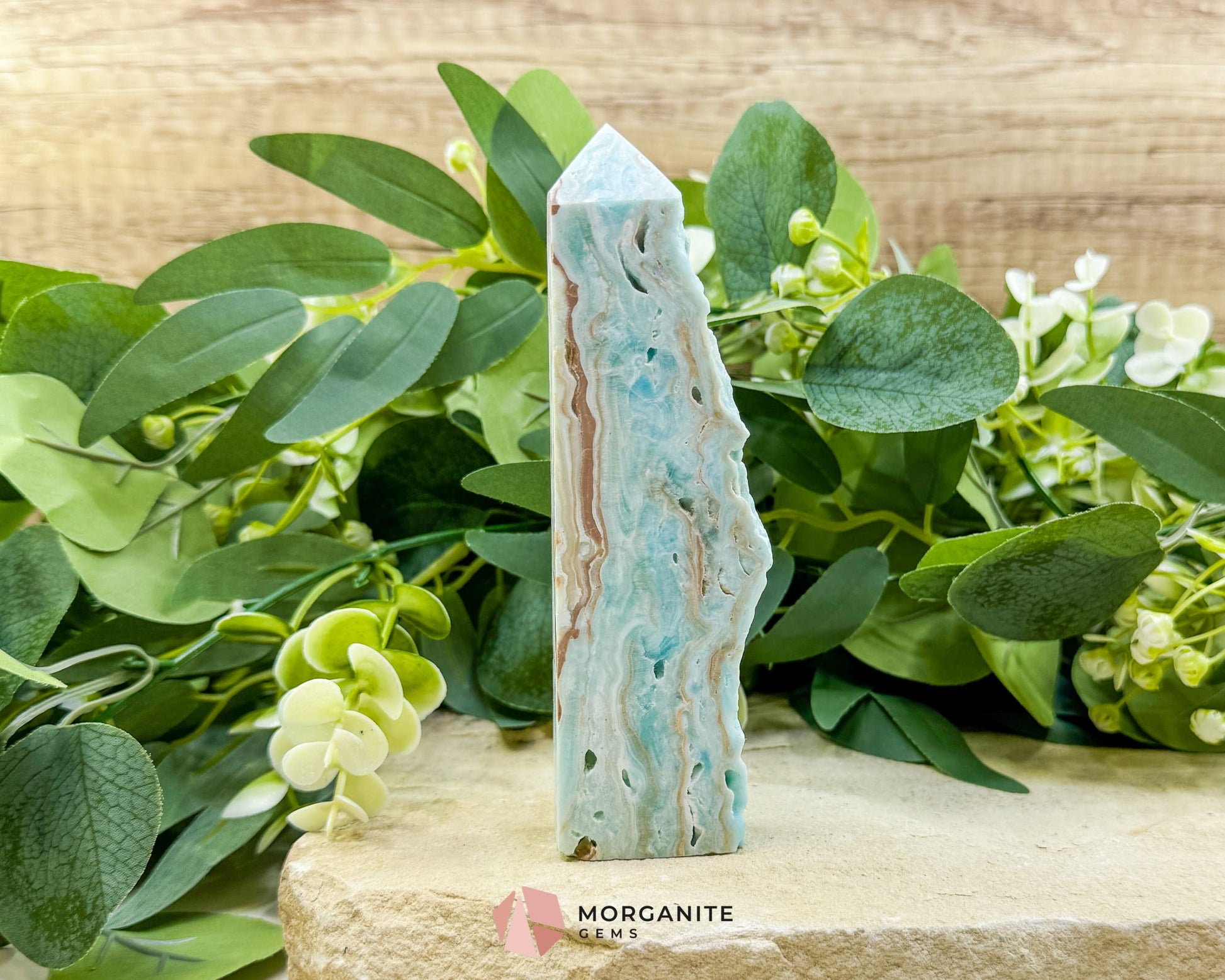 Caribbean Calcite Hemimorphite Tower No. 3 – 5.4″ Sliced & Druzy Crystal Tower | 246 g - Metaphysical Crystals