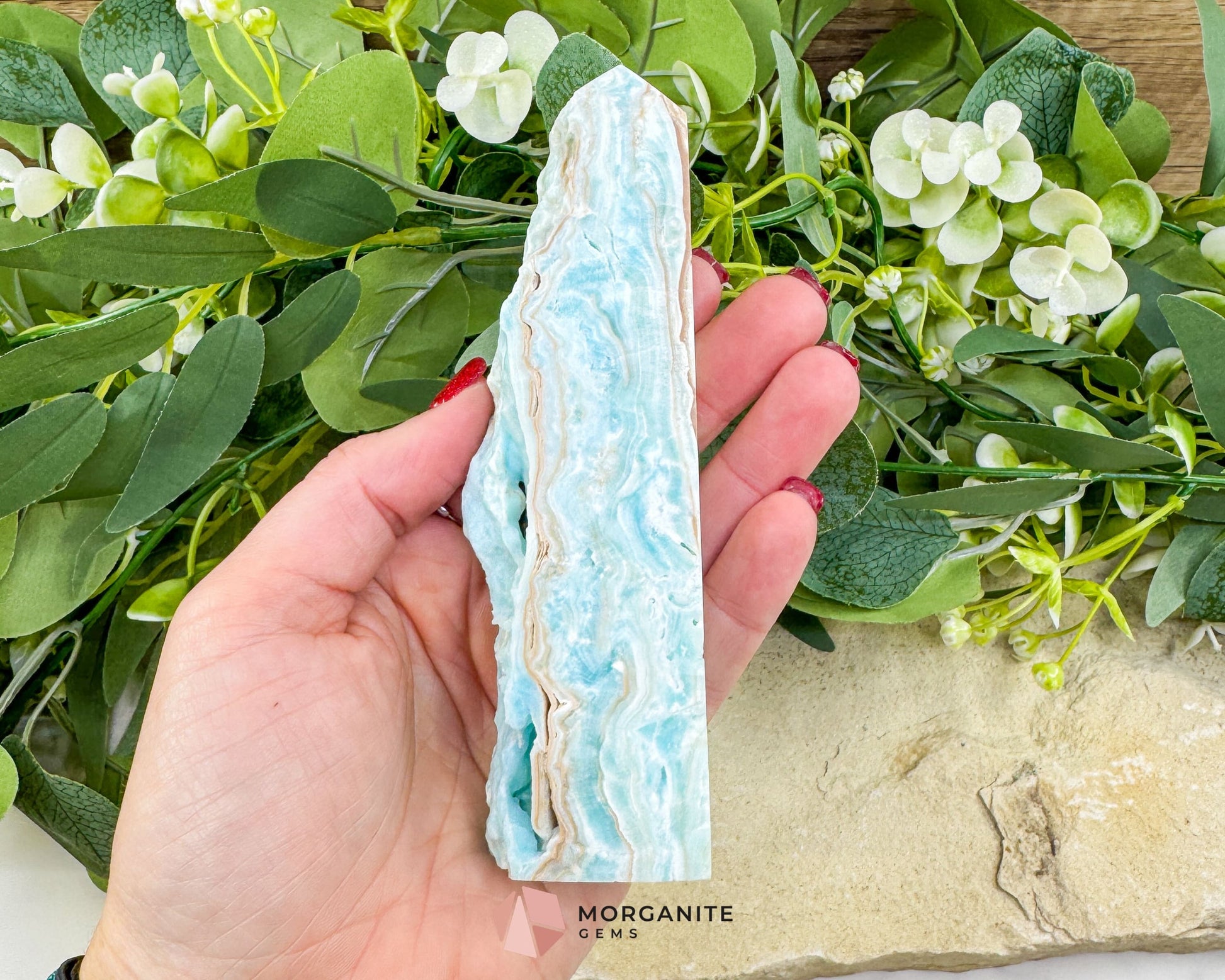 Caribbean Calcite Hemimorphite Tower No. 3 – 5.4″ Sliced & Druzy Crystal Tower | 246 g - Metaphysical Crystals