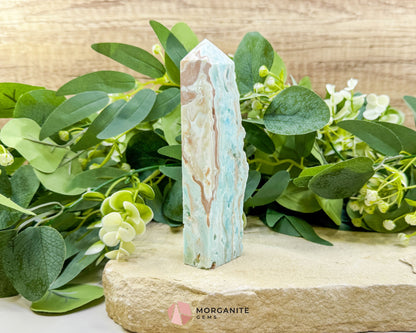 Caribbean Calcite Hemimorphite Tower No. 3 – 5.4″ Sliced & Druzy Crystal Tower | 246 g - Metaphysical Crystals